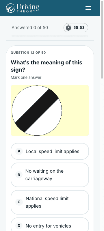 The same mock test on a phone, showing a question with four road sign answers.